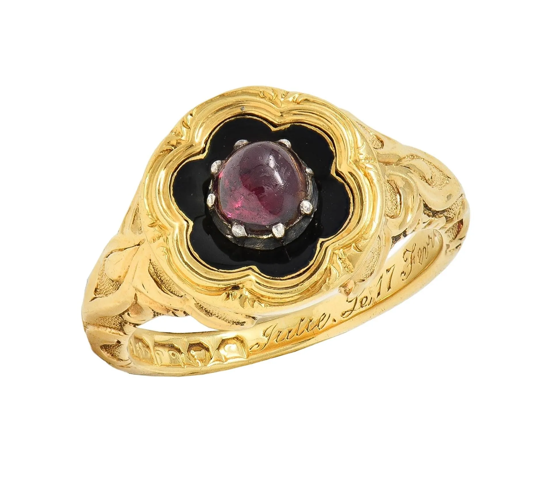 Late Victorian Ruby Enamel 14 Karat Yellow Gold Silver Antique Flower Mourning Ring