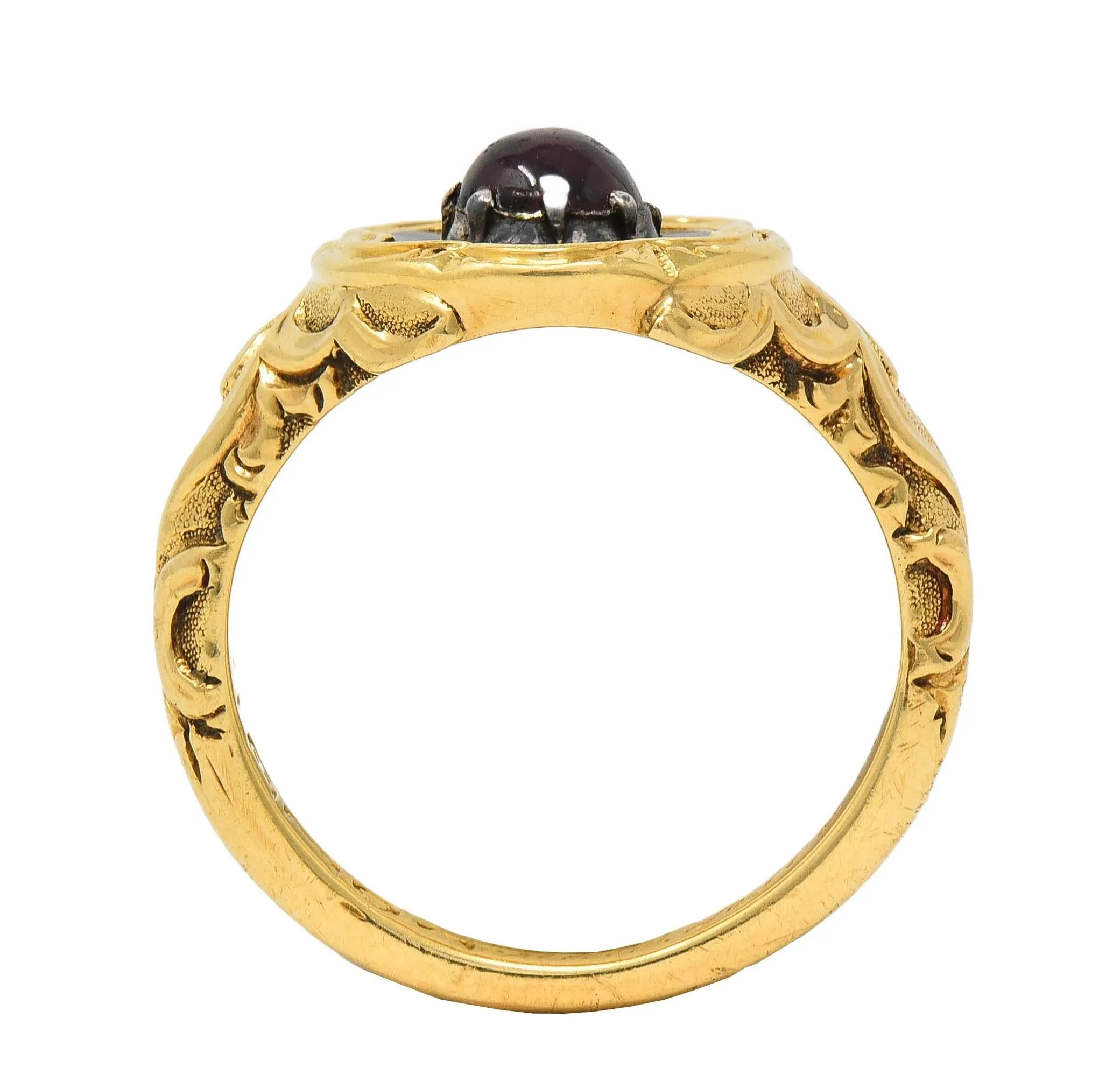 Late Victorian Ruby Enamel 14 Karat Yellow Gold Silver Antique Flower Mourning Ring