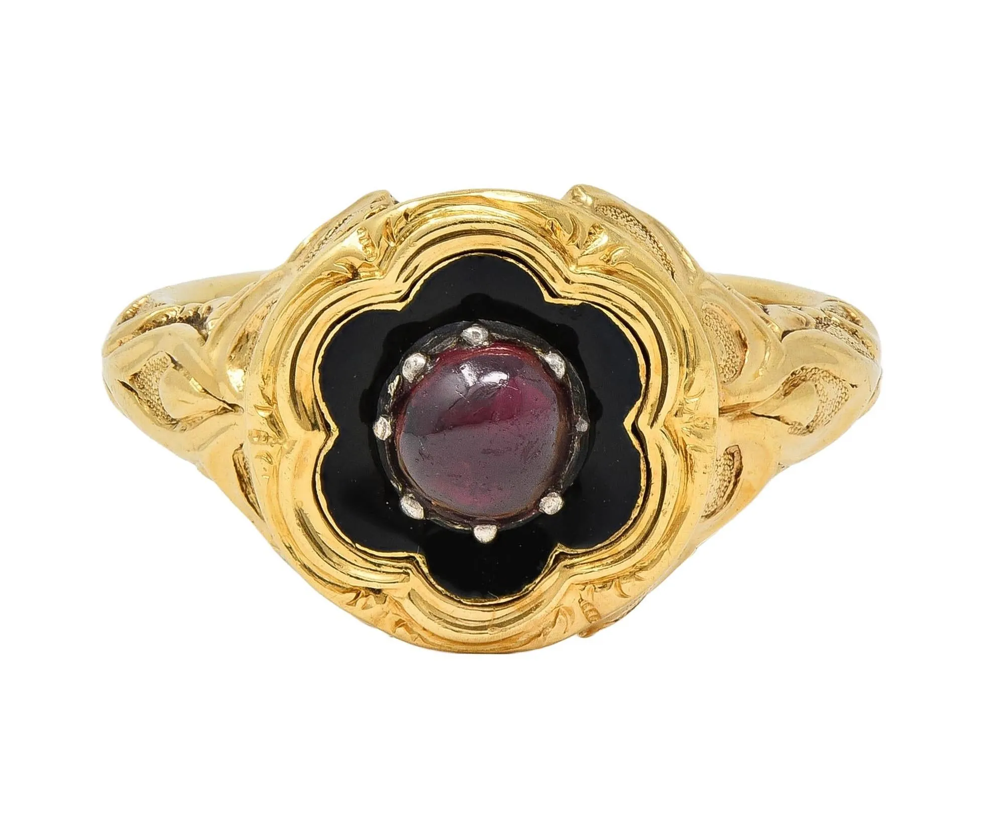 Late Victorian Ruby Enamel 14 Karat Yellow Gold Silver Antique Flower Mourning Ring