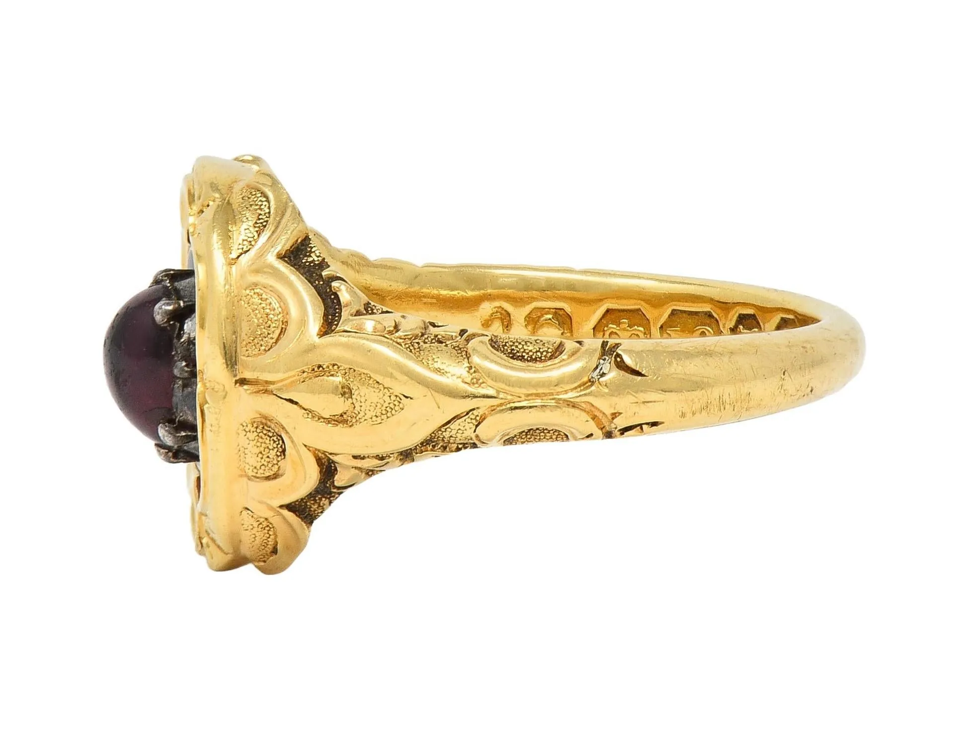 Late Victorian Ruby Enamel 14 Karat Yellow Gold Silver Antique Flower Mourning Ring