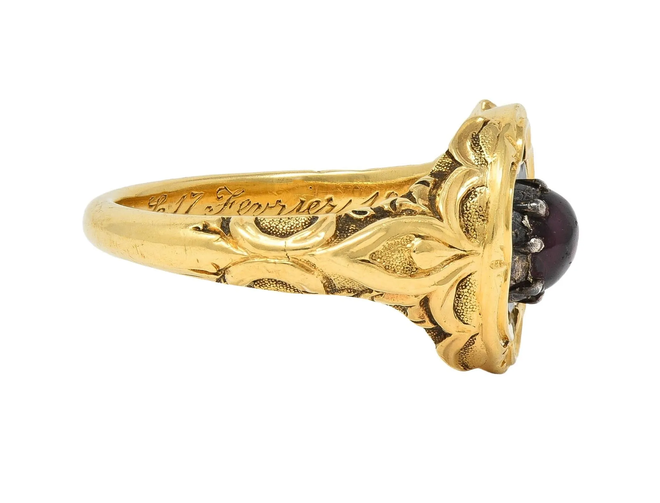 Late Victorian Ruby Enamel 14 Karat Yellow Gold Silver Antique Flower Mourning Ring