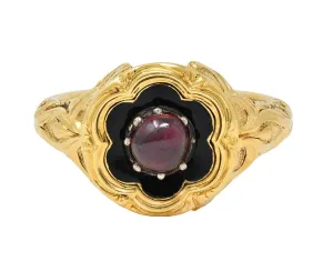Late Victorian Ruby Enamel 14 Karat Yellow Gold Silver Antique Flower Mourning Ring