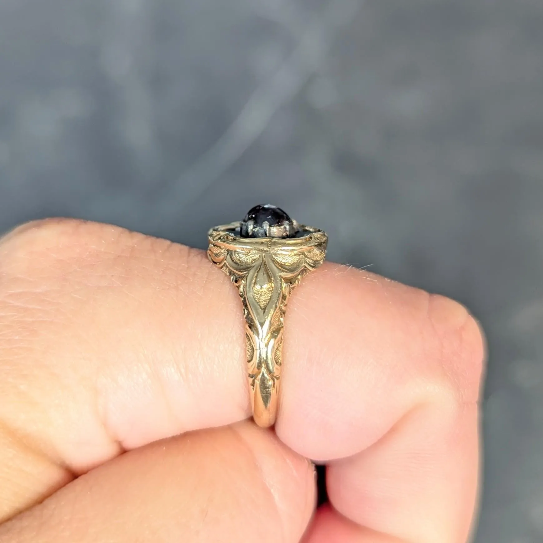 Late Victorian Ruby Enamel 14 Karat Yellow Gold Silver Antique Flower Mourning Ring