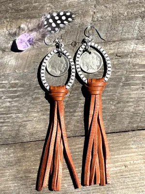 Leather Tassel Earrings, Buffalo Nickel Earrings, Western Earrings