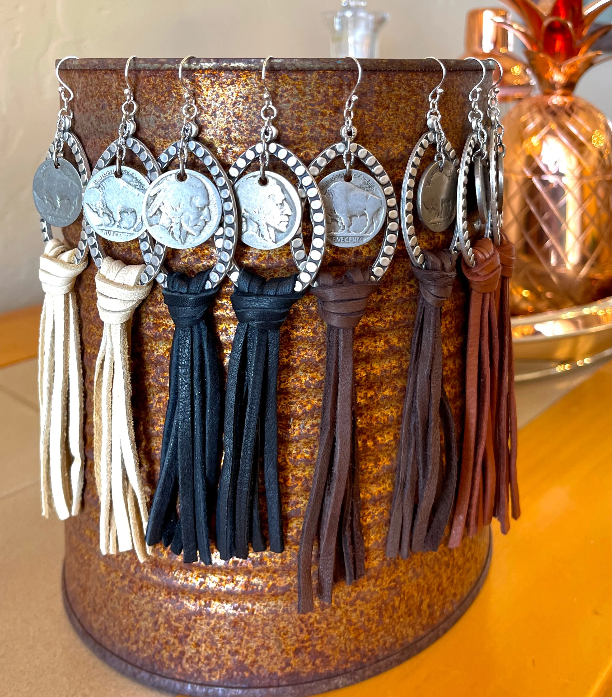 Leather Tassel Earrings, Buffalo Nickel Earrings, Western Earrings