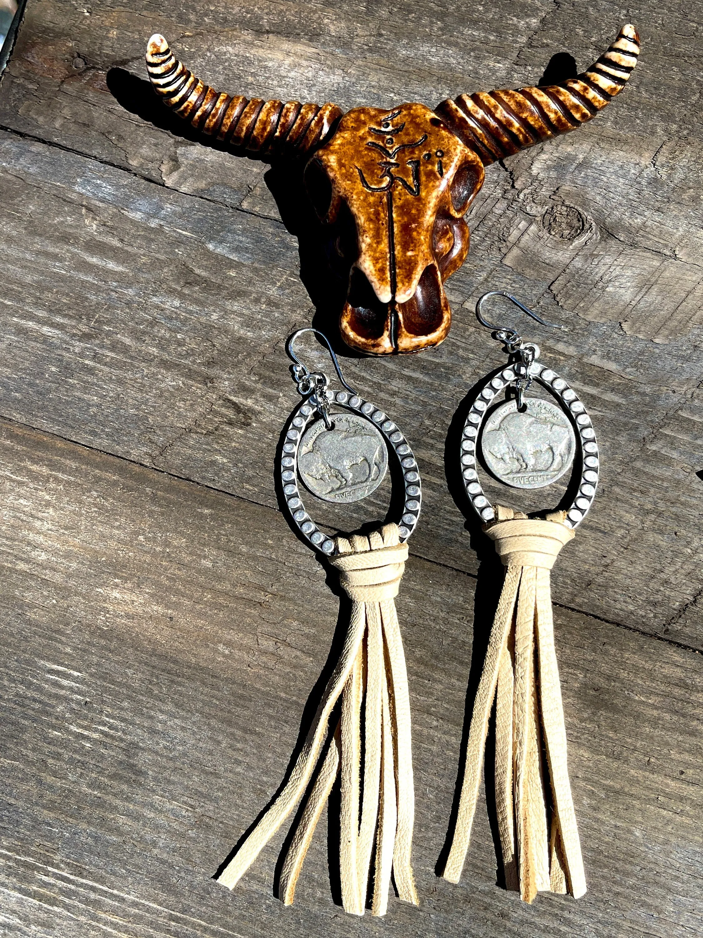 Leather Tassel Earrings, Buffalo Nickel Earrings, Western Earrings