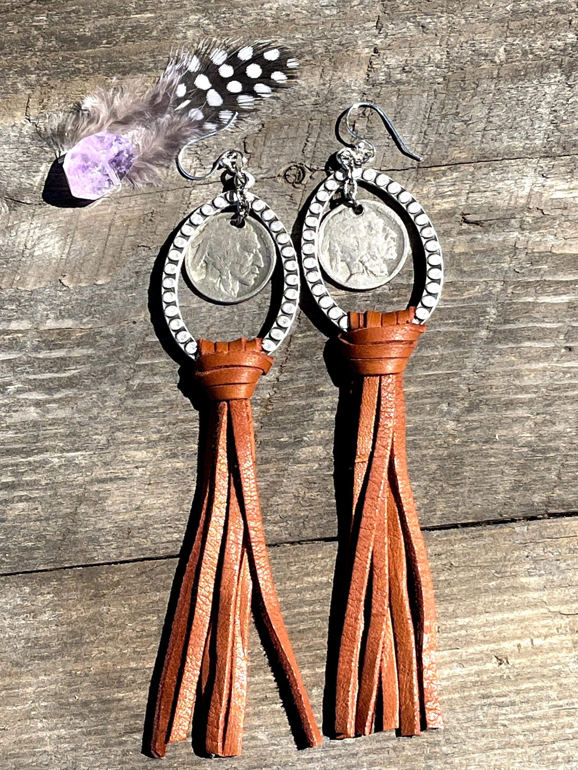 Leather Tassel Earrings, Buffalo Nickel Earrings, Western Earrings