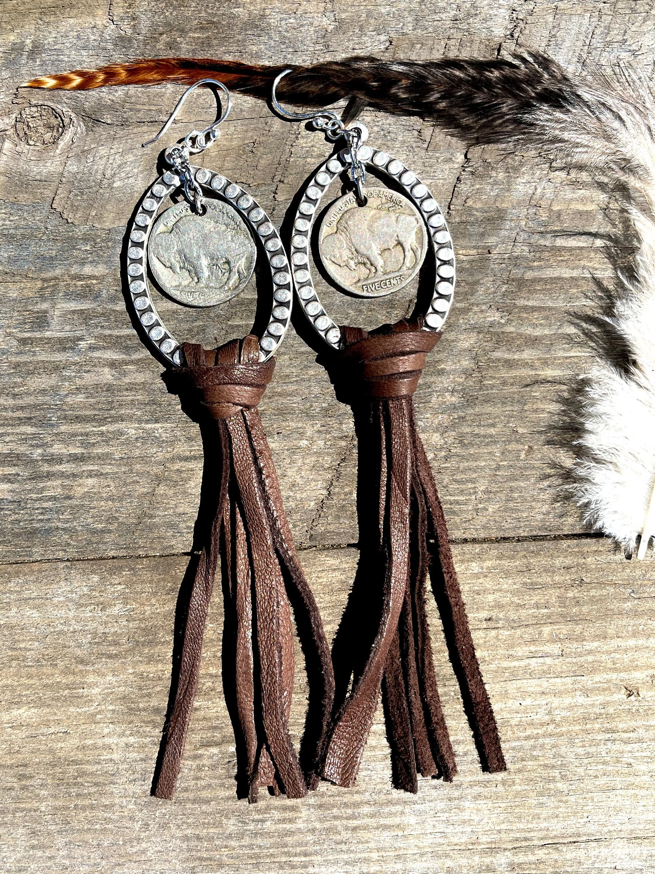 Leather Tassel Earrings, Buffalo Nickel Earrings, Western Earrings