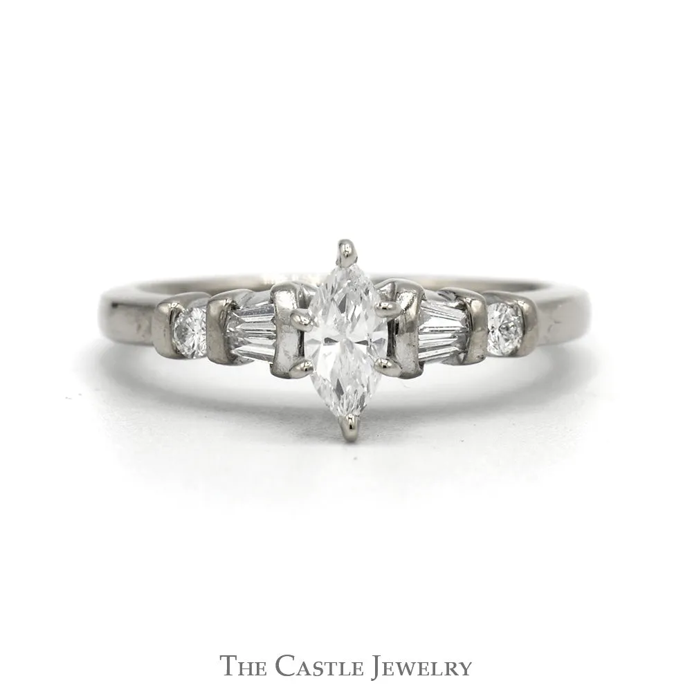 Marquise Diamond Engagement Ring .38CT With Channel-Set Baguette Cut And Round Diamond Sides .50CTTW In 14KT White Gold