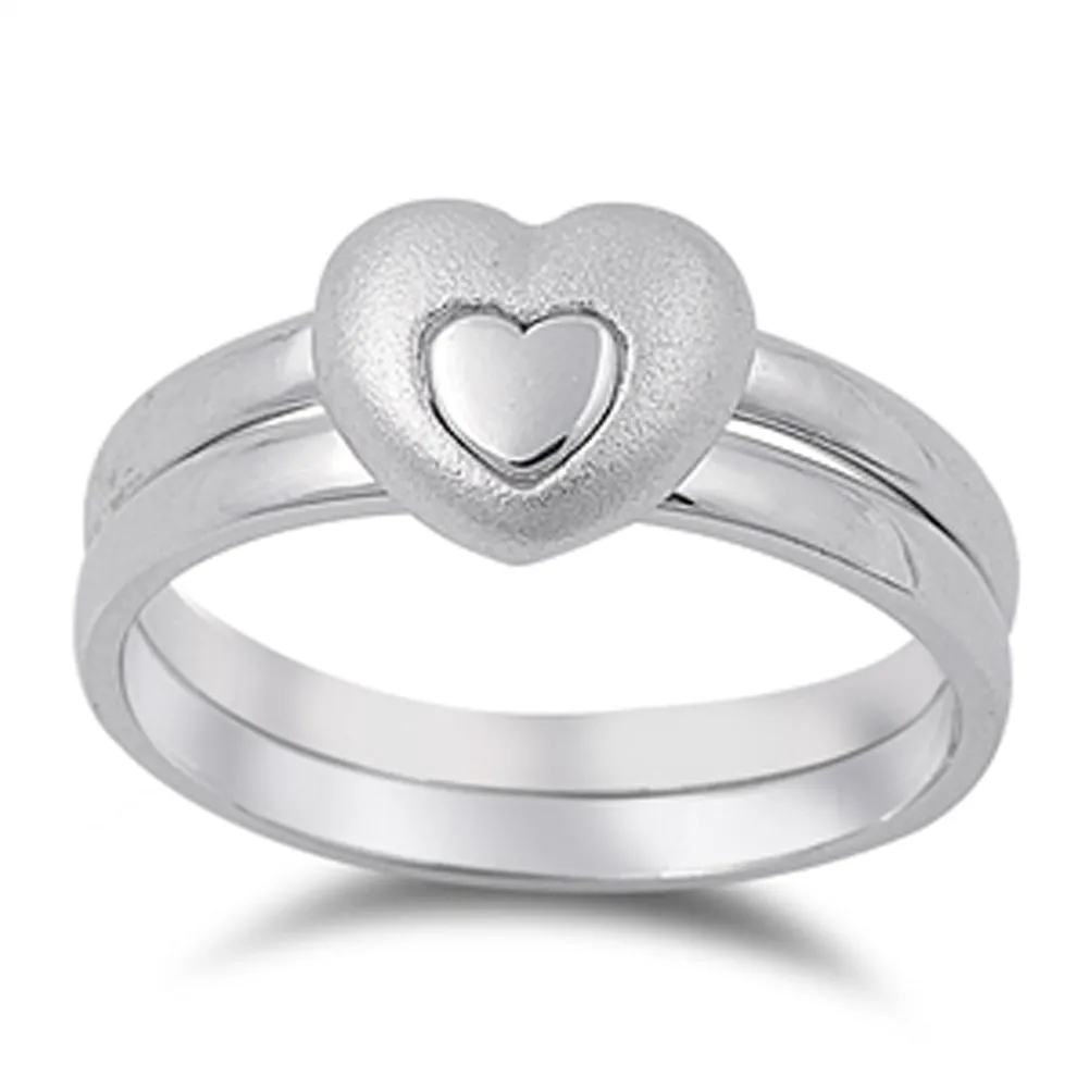 Matte Finish Heart Friendship Set Ring New .925 Sterling Silver Band Sizes 5-9