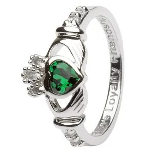 MAY Birthstone Silver Claddagh Ring LS-SL90-5 Inscribed with "Love Loyalty Friendship"