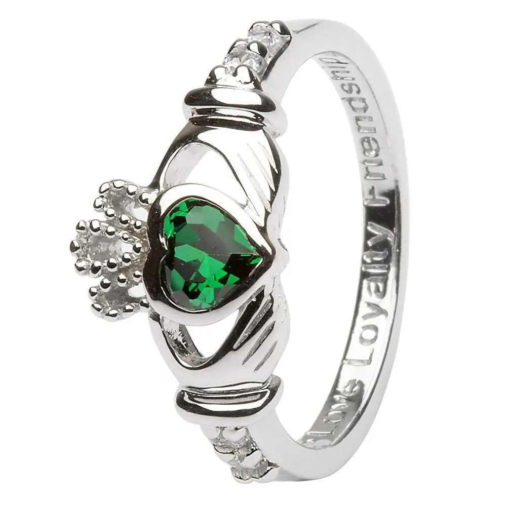 MAY Birthstone Silver Claddagh Ring LS-SL90-5 Inscribed with "Love Loyalty Friendship"