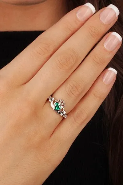MAY Birthstone Silver Claddagh Ring LS-SL90-5 Inscribed with "Love Loyalty Friendship"