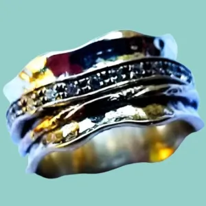 Meditation ring for woman,  cz zircons silver and gold spinning ring