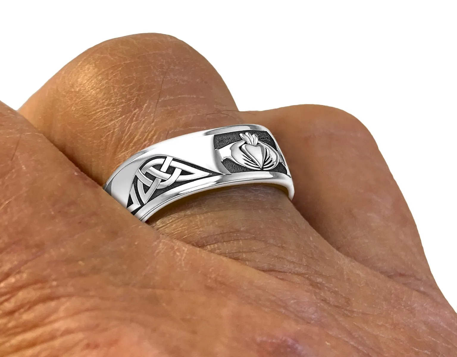 Mens '925 Sterling Silver Modern Irish Celtic Claddagh & Knot Ring Band
