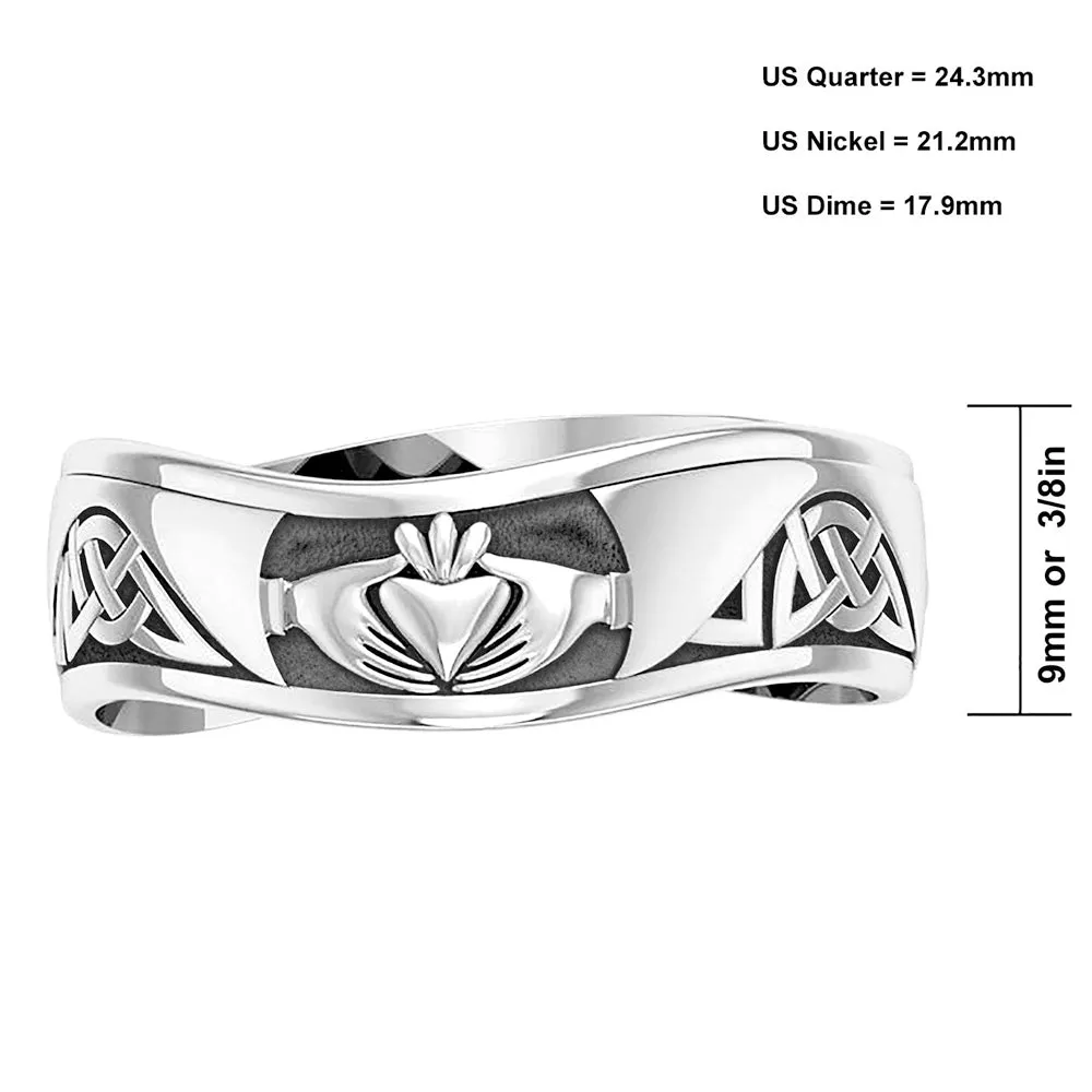 Mens '925 Sterling Silver Modern Irish Celtic Claddagh & Knot Ring Band