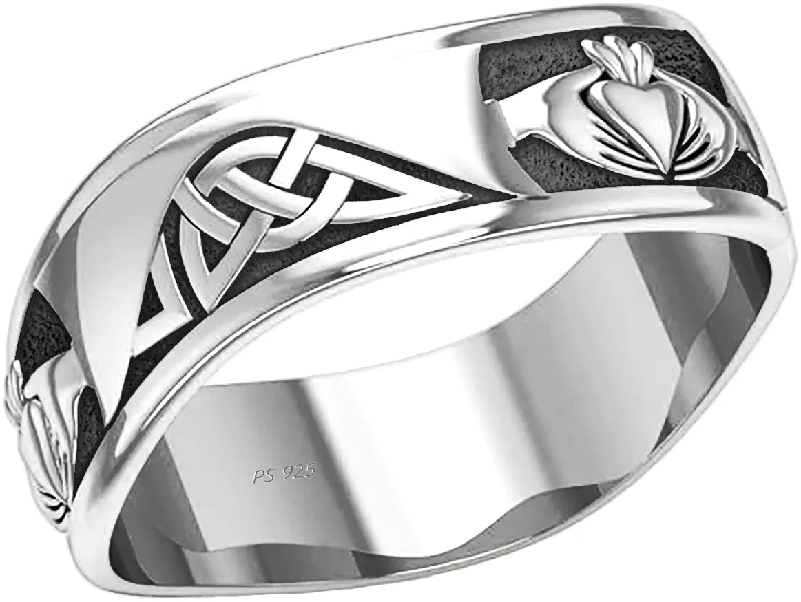 Mens '925 Sterling Silver Modern Irish Celtic Claddagh & Knot Ring Band