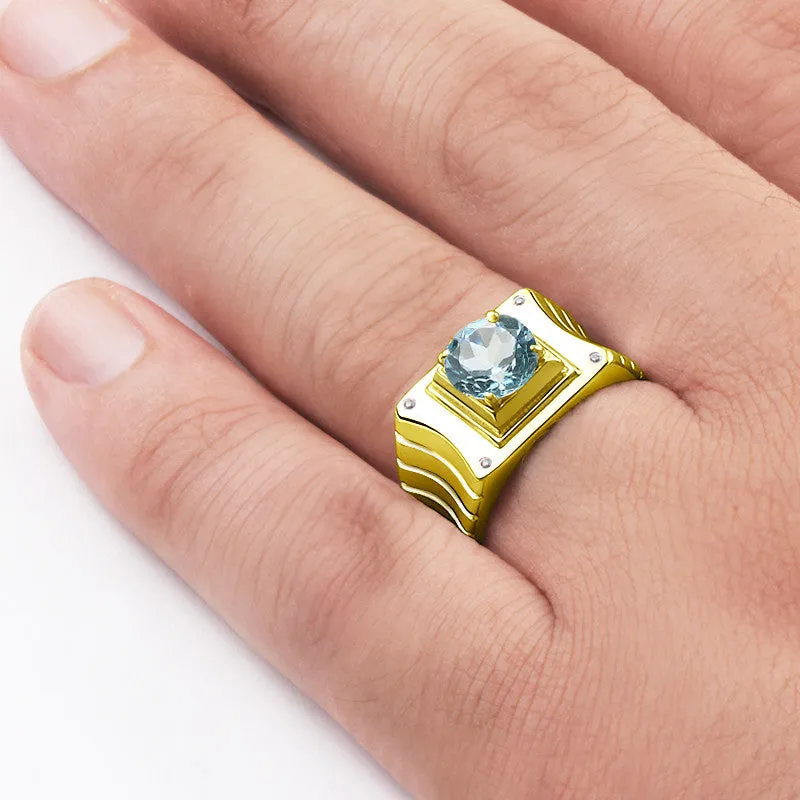 Men's Ring with Blue Topaz and Diamonds in 14k Yellow Gold