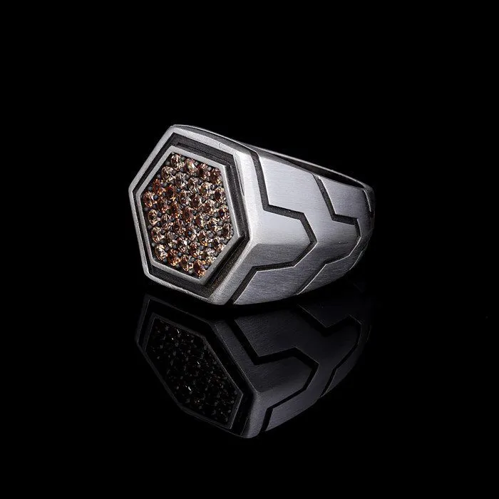 Men’s Sterling Silver Champagne Stone Hexagon Ring