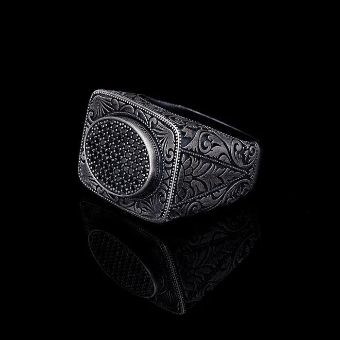 Men’s Sterling Silver Oxide Pencil Embroidered Ring