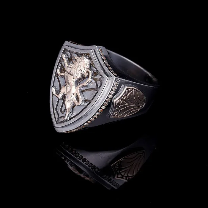 Men’s Sterling Silver Shield Detailed Rodium Plating Lion Ring