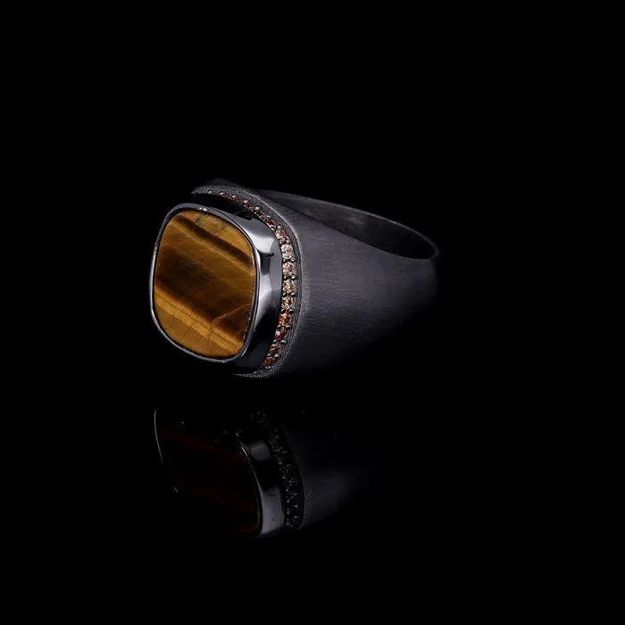 Men’s Sterling Silver Tiger Eye Square Framed Ring