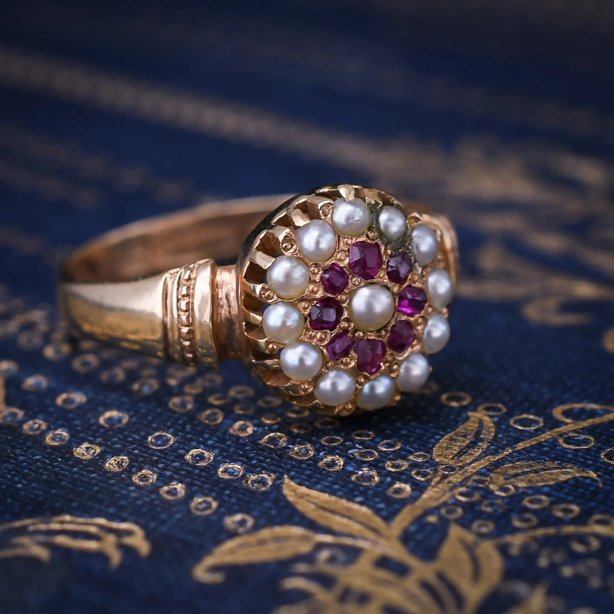 Mid-Victorian Pearl & Ruby Round Cluster Ring