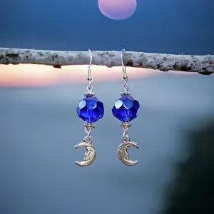 Moon Charm with Blue Bead Earrings