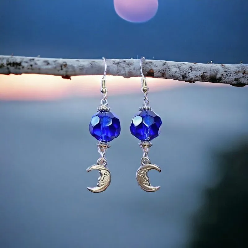 Moon Charm with Blue Bead Earrings