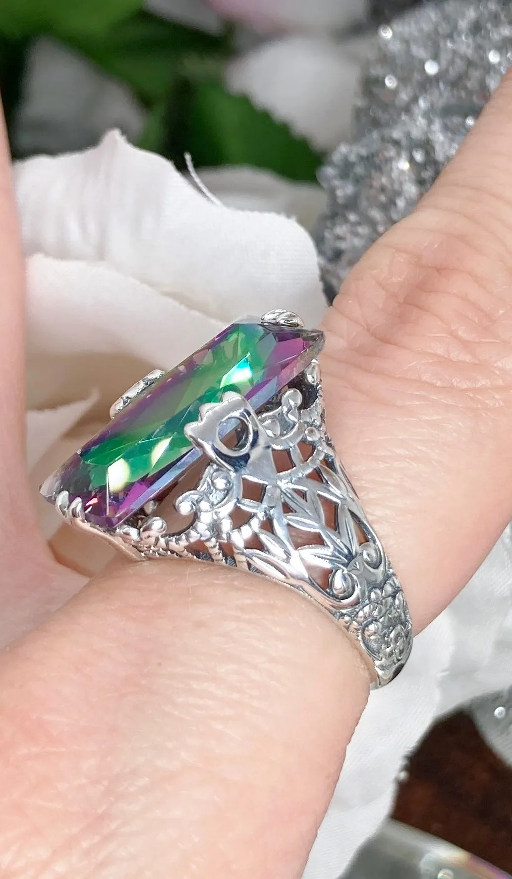 Mystic Topaz Ring, Baguette Intaglio, Victorian Jewelry #D31