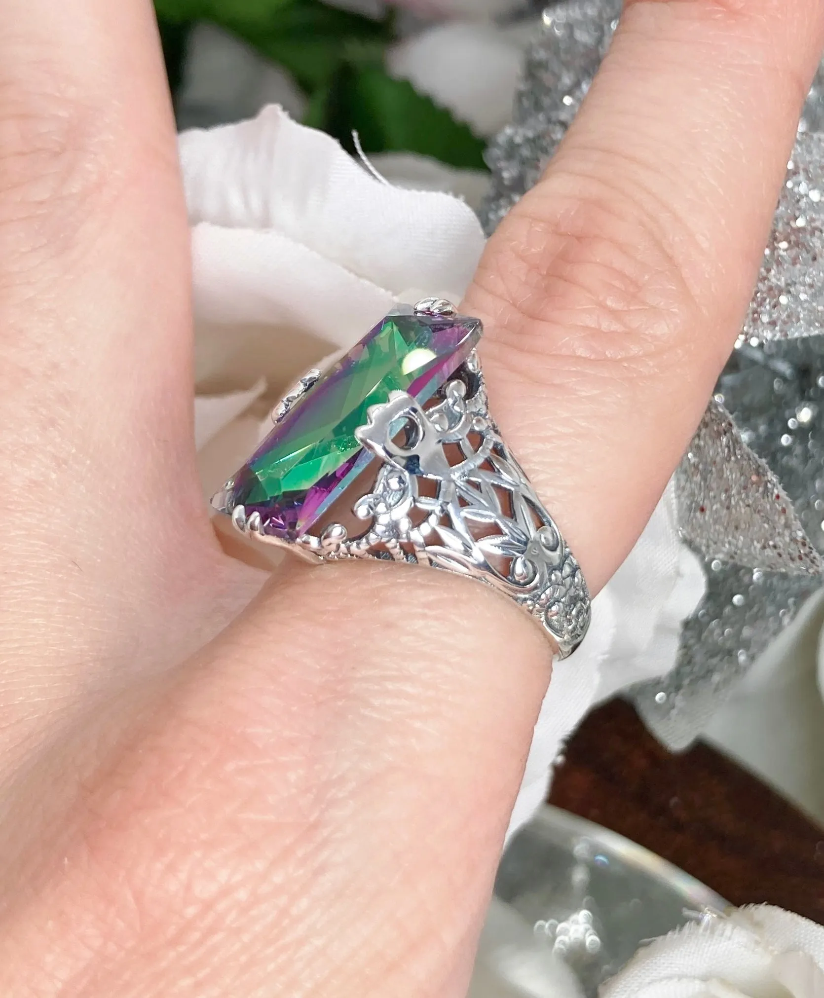 Mystic Topaz Ring, Baguette Intaglio, Victorian Jewelry #D31
