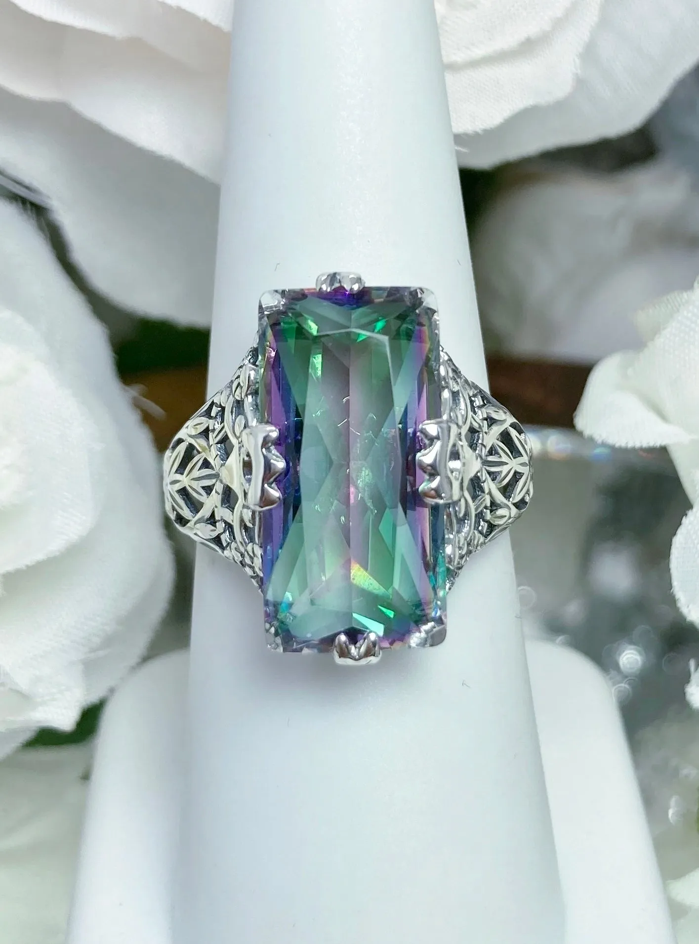 Mystic Topaz Ring, Baguette Intaglio, Victorian Jewelry #D31