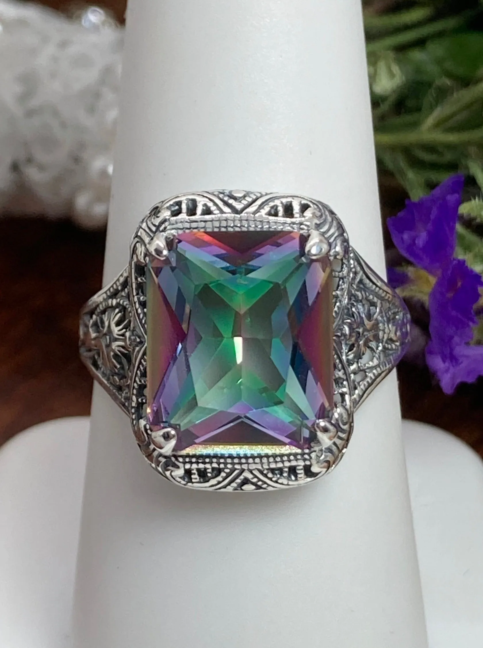 Natural Mystic Topaz Autumn Ring, Rectangle Gem, Vintage Jewelry #D200