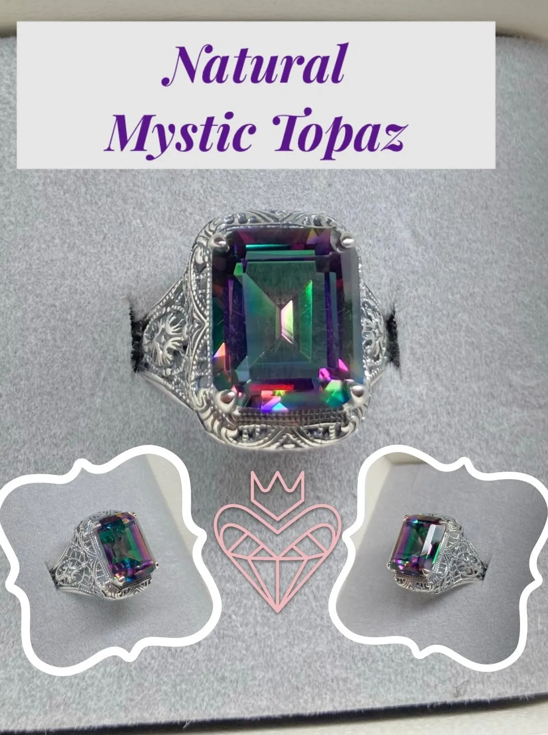 Natural Mystic Topaz Autumn Ring, Rectangle Gem, Vintage Jewelry #D200