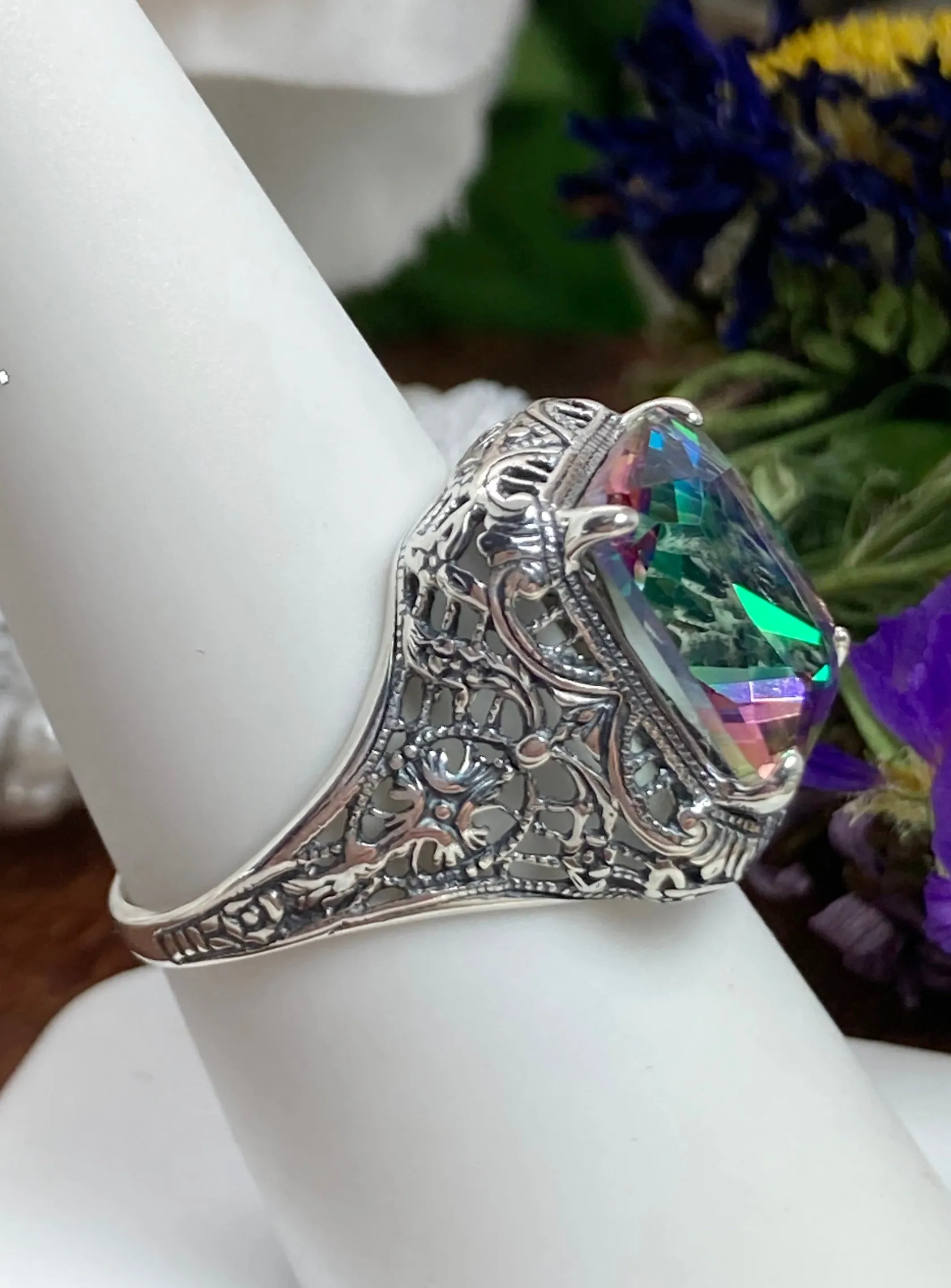 Natural Mystic Topaz Autumn Ring, Rectangle Gem, Vintage Jewelry #D200