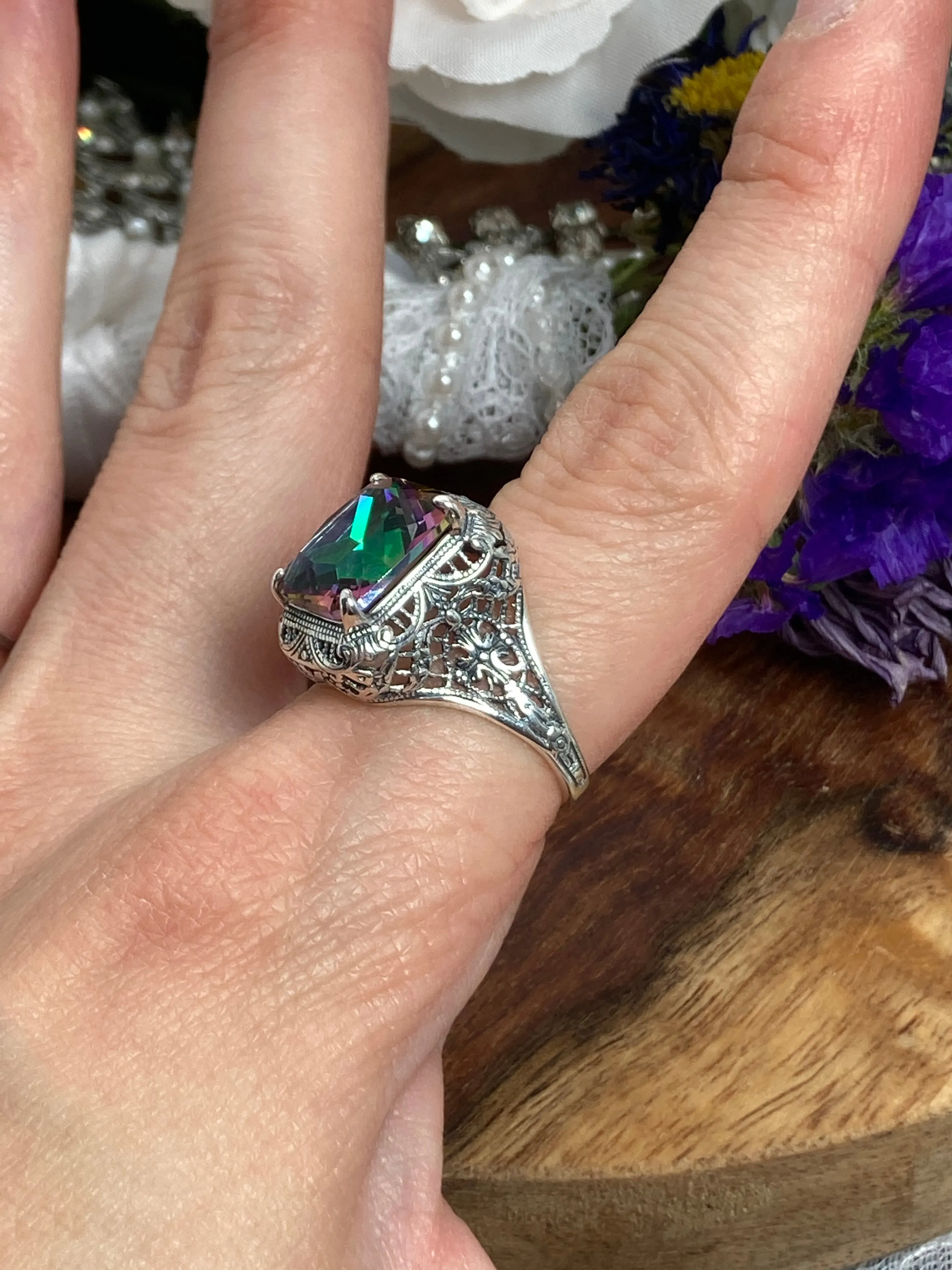Natural Mystic Topaz Autumn Ring, Rectangle Gem, Vintage Jewelry #D200
