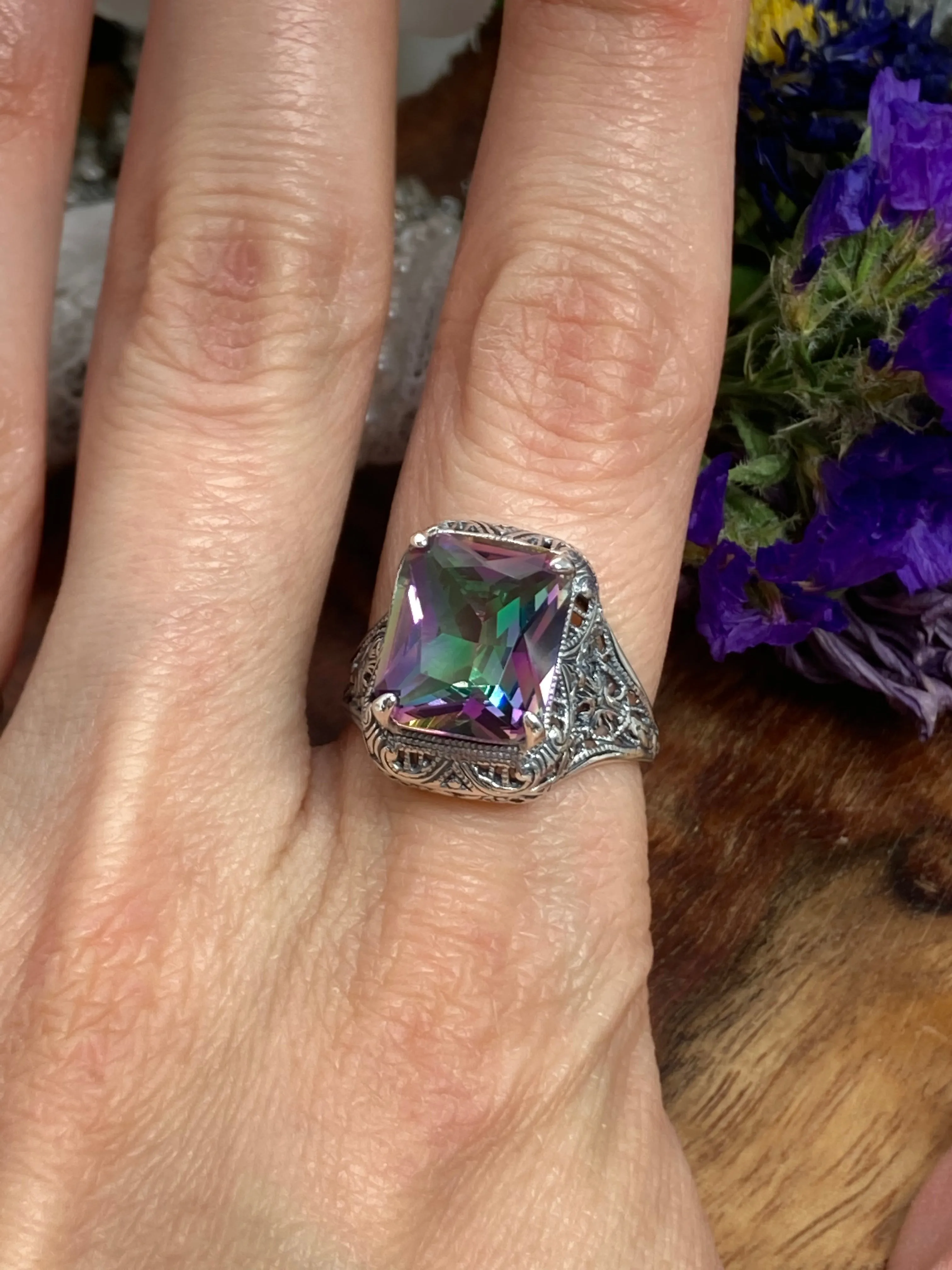 Natural Mystic Topaz Autumn Ring, Rectangle Gem, Vintage Jewelry #D200