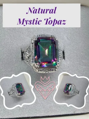Natural Mystic Topaz Autumn Ring, Rectangle Gem, Vintage Jewelry #D200