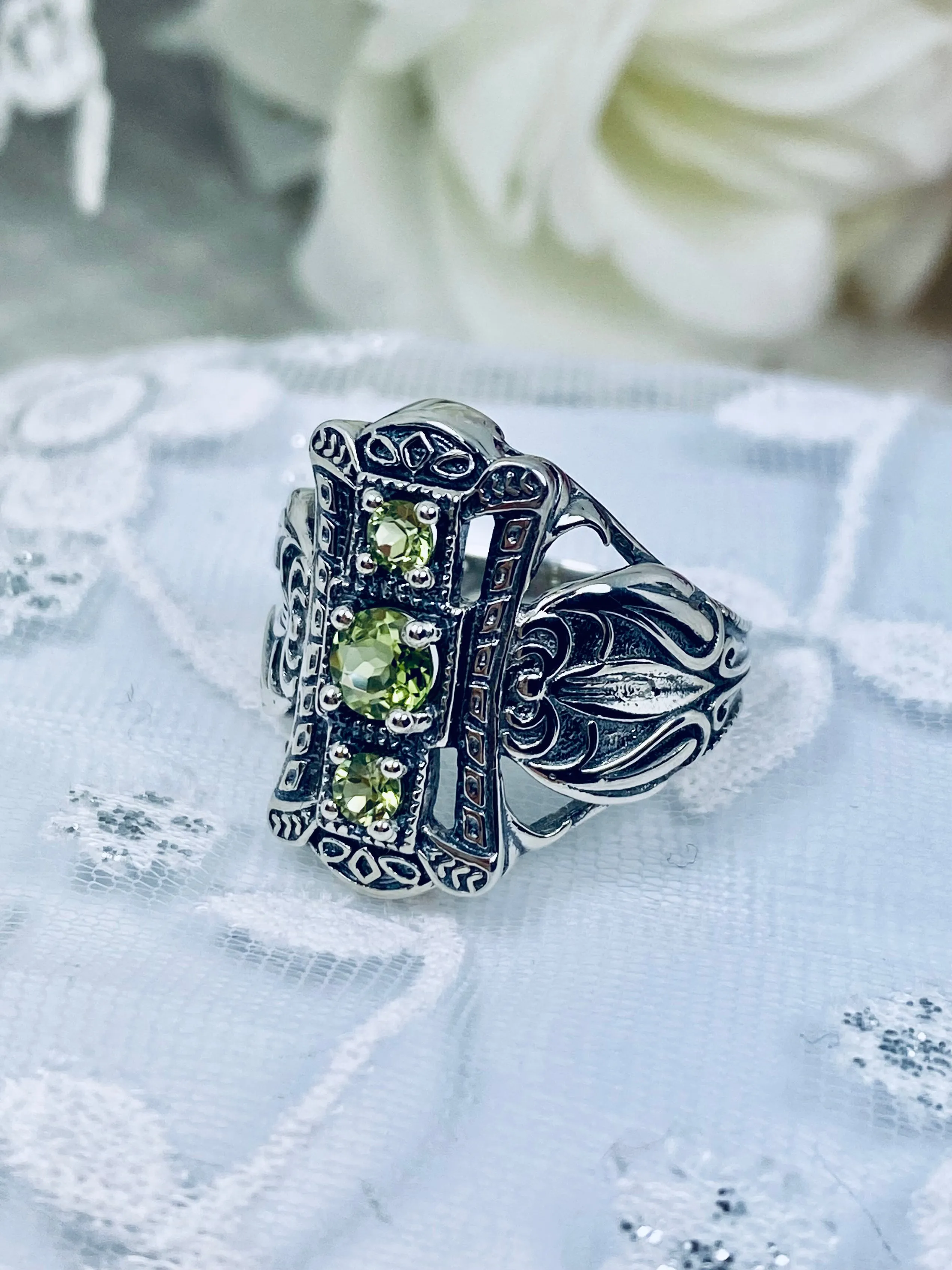 Natural Peridot Ring 3 Stone Gem, Sterling Silver Edwardian Swirl Filigree D63