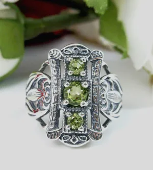 Natural Peridot Ring 3 Stone Gem, Sterling Silver Edwardian Swirl Filigree D63