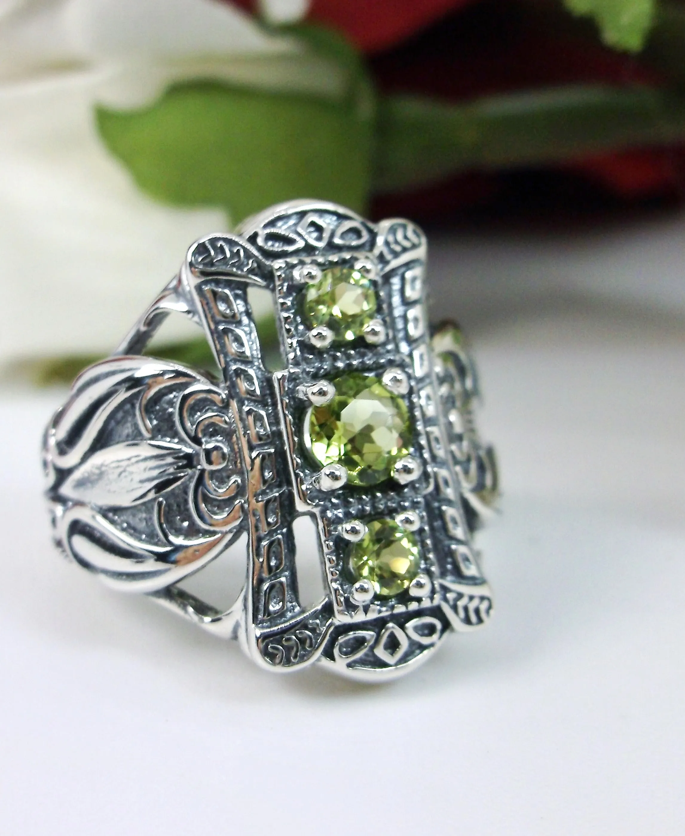 Natural Peridot Ring 3 Stone Gem, Sterling Silver Edwardian Swirl Filigree D63
