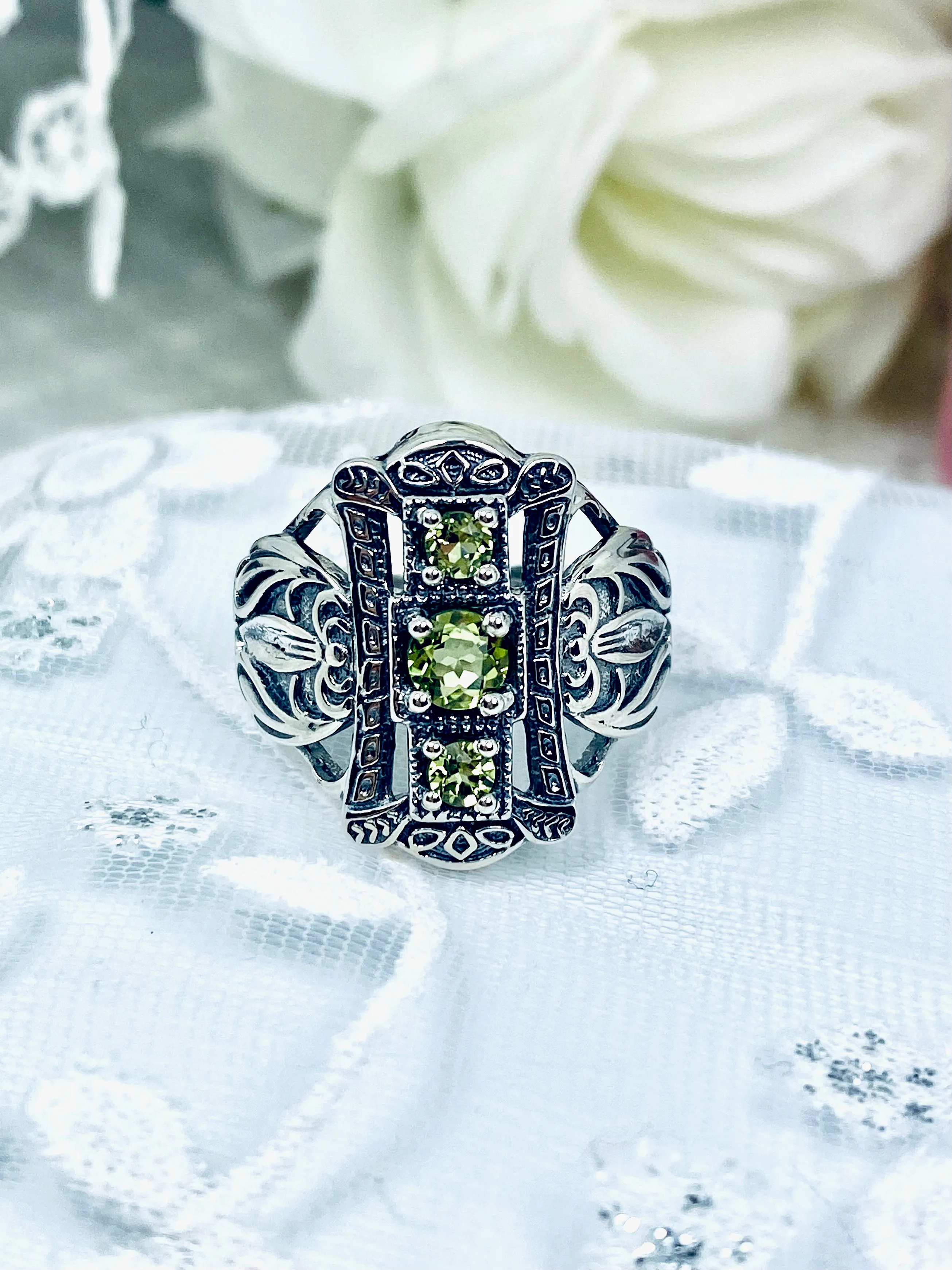Natural Peridot Ring 3 Stone Gem, Sterling Silver Edwardian Swirl Filigree D63