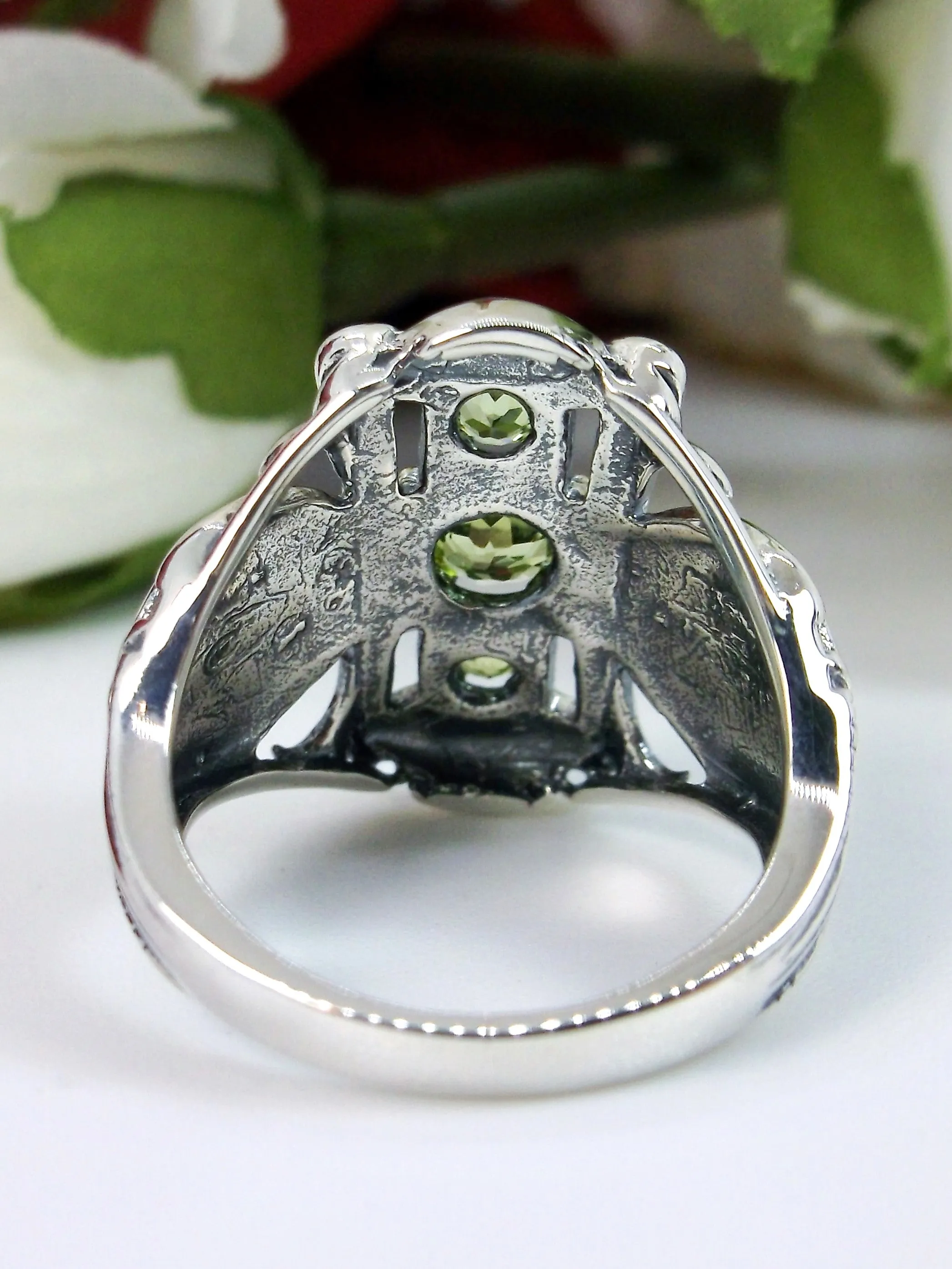 Natural Peridot Ring 3 Stone Gem, Sterling Silver Edwardian Swirl Filigree D63
