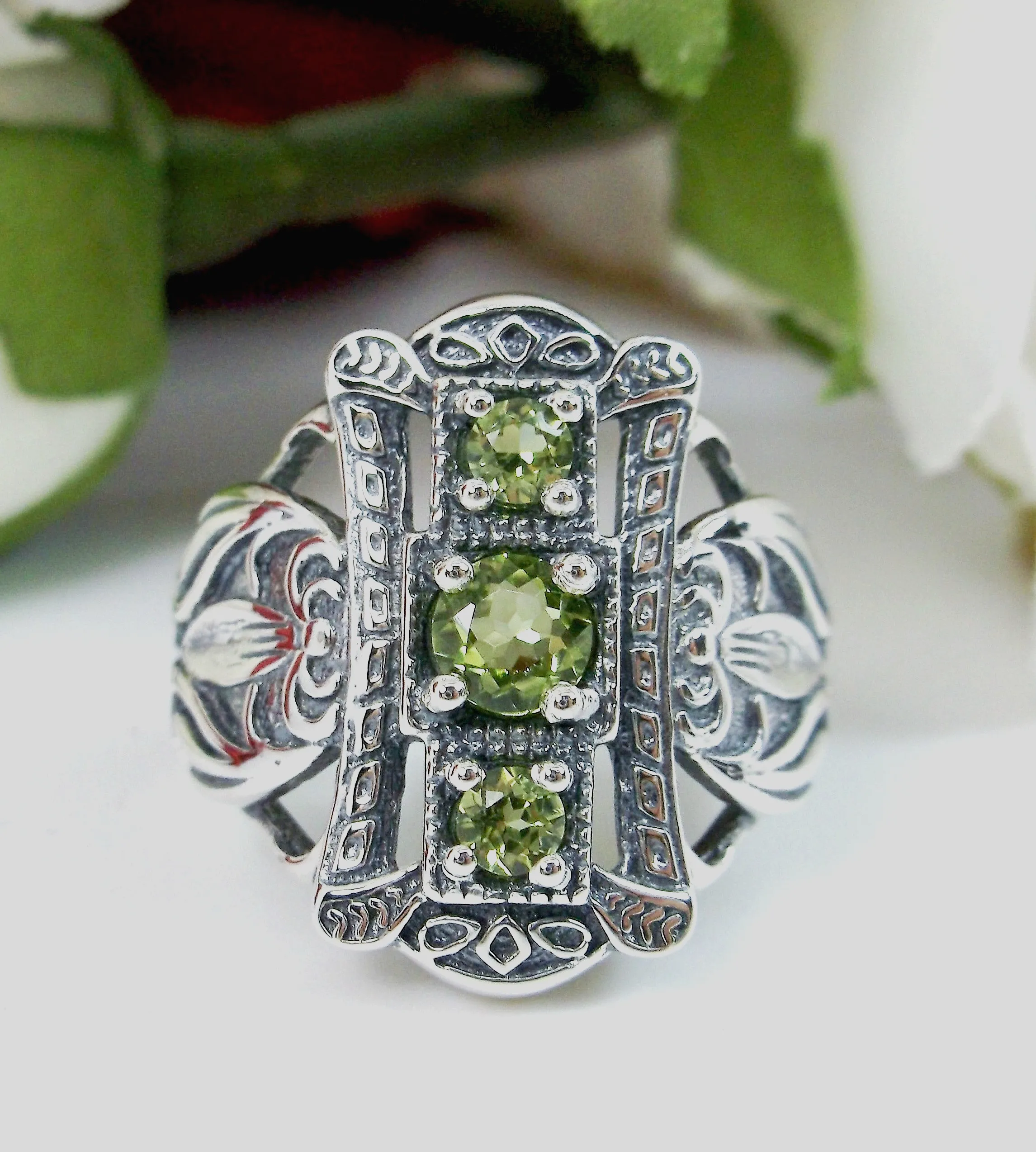 Natural Peridot Ring 3 Stone Gem, Sterling Silver Edwardian Swirl Filigree D63