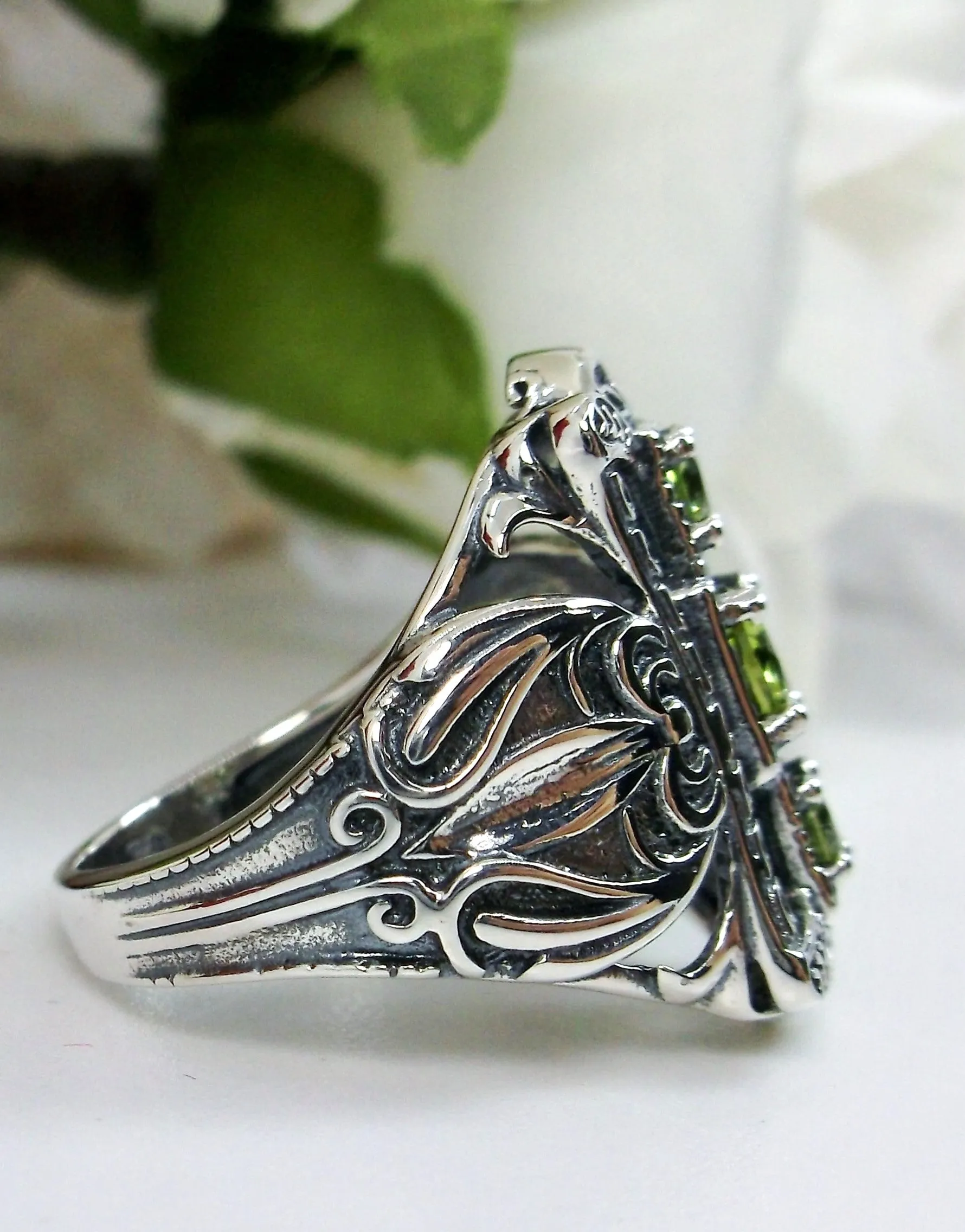 Natural Peridot Ring 3 Stone Gem, Sterling Silver Edwardian Swirl Filigree D63
