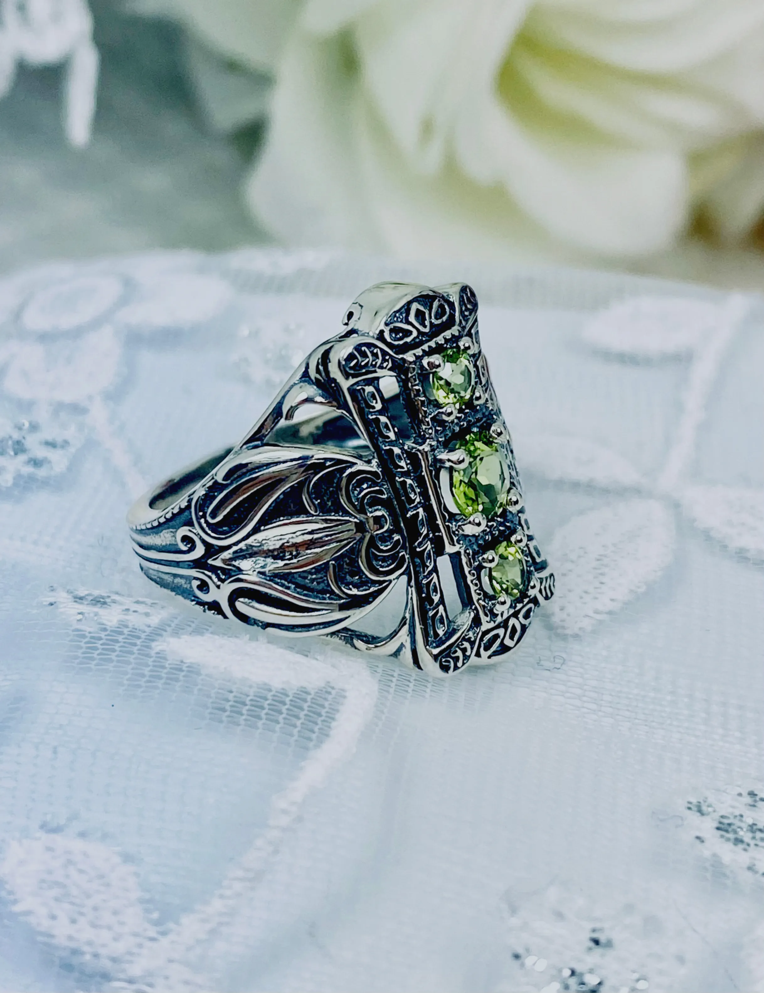 Natural Peridot Ring 3 Stone Gem, Sterling Silver Edwardian Swirl Filigree D63