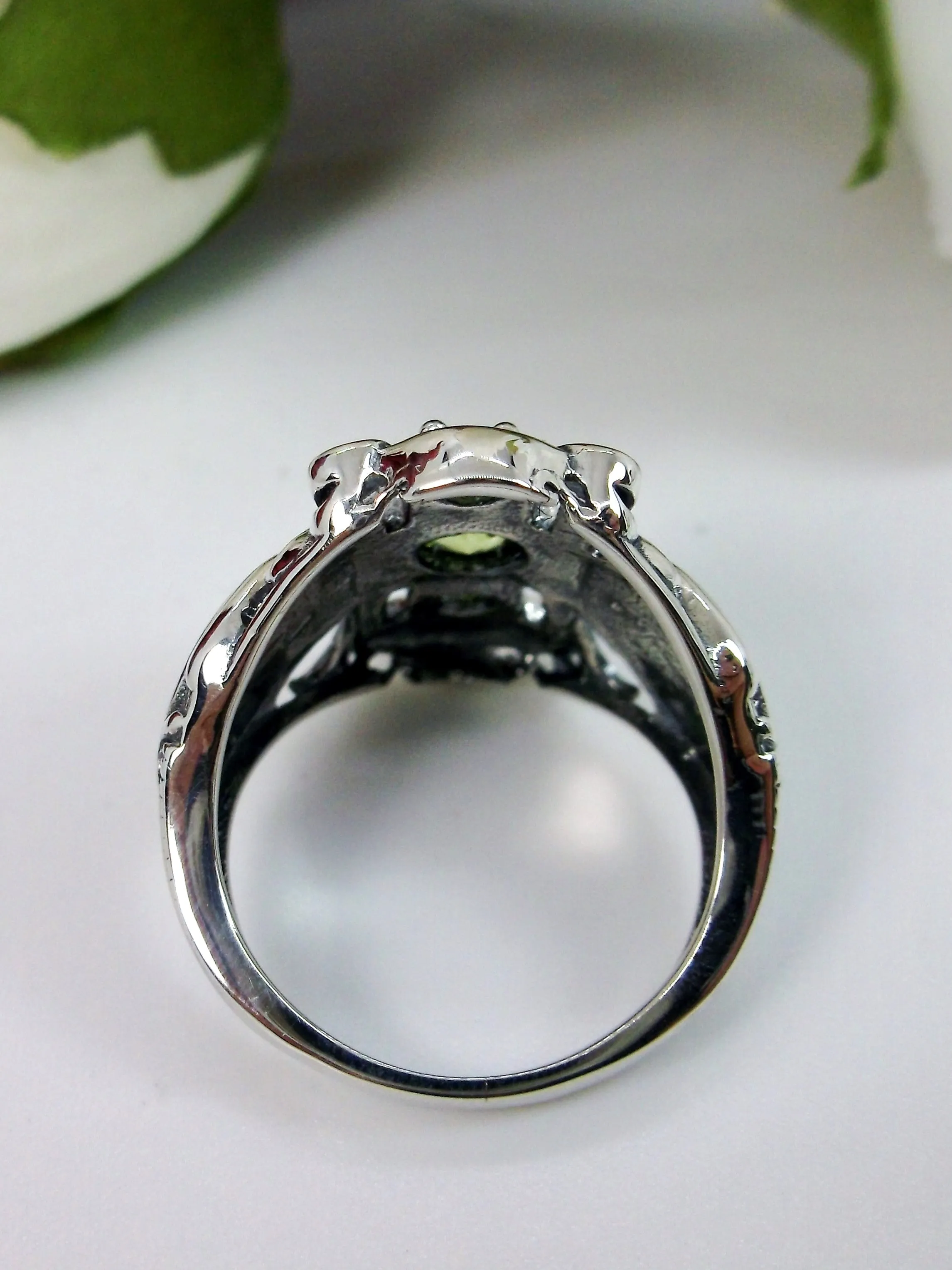 Natural Peridot Ring 3 Stone Gem, Sterling Silver Edwardian Swirl Filigree D63