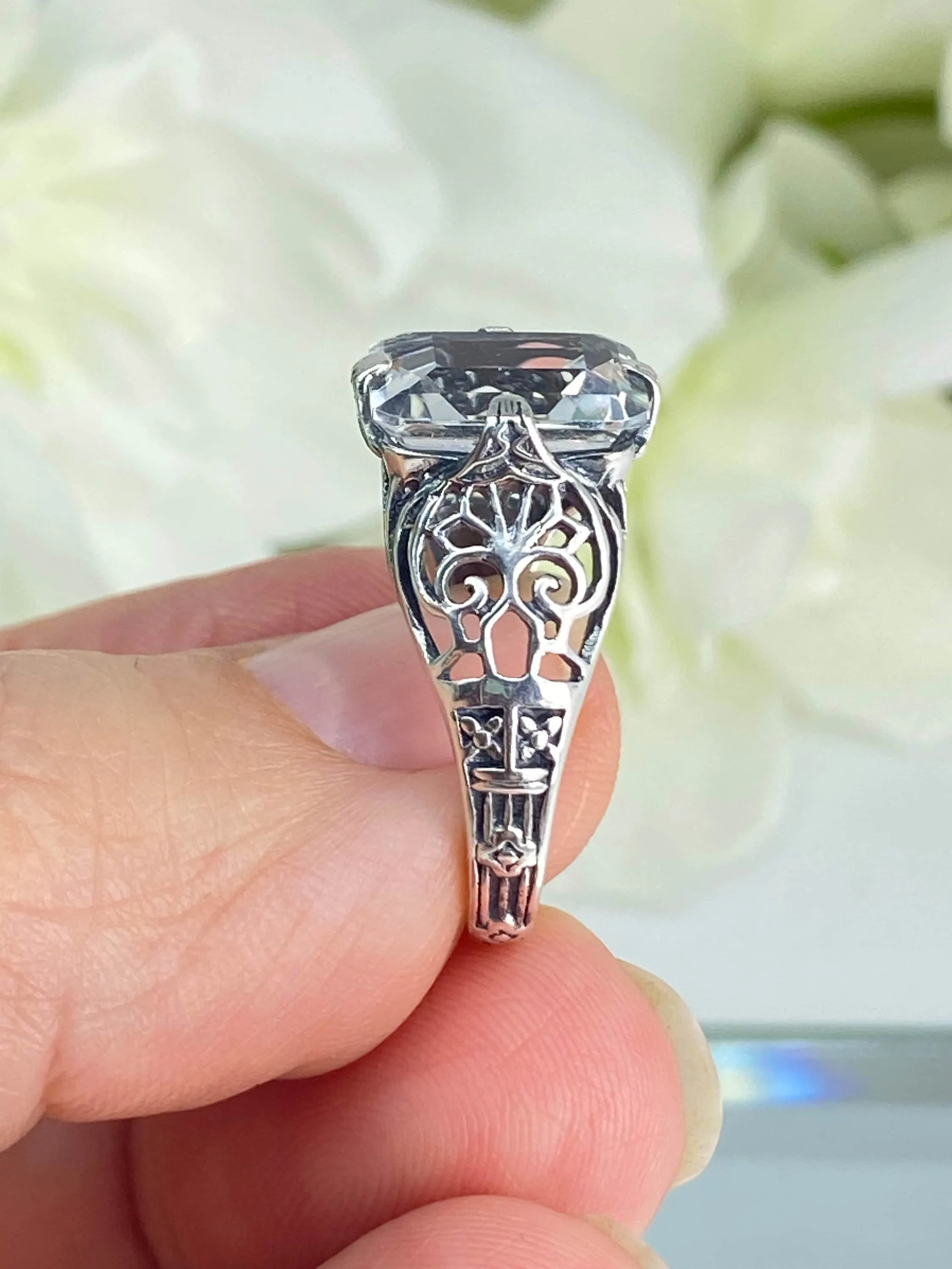 Natural White Topaz Ring, 10k, 14k White Gold or Silver, Victorian Scroll Filigree D46