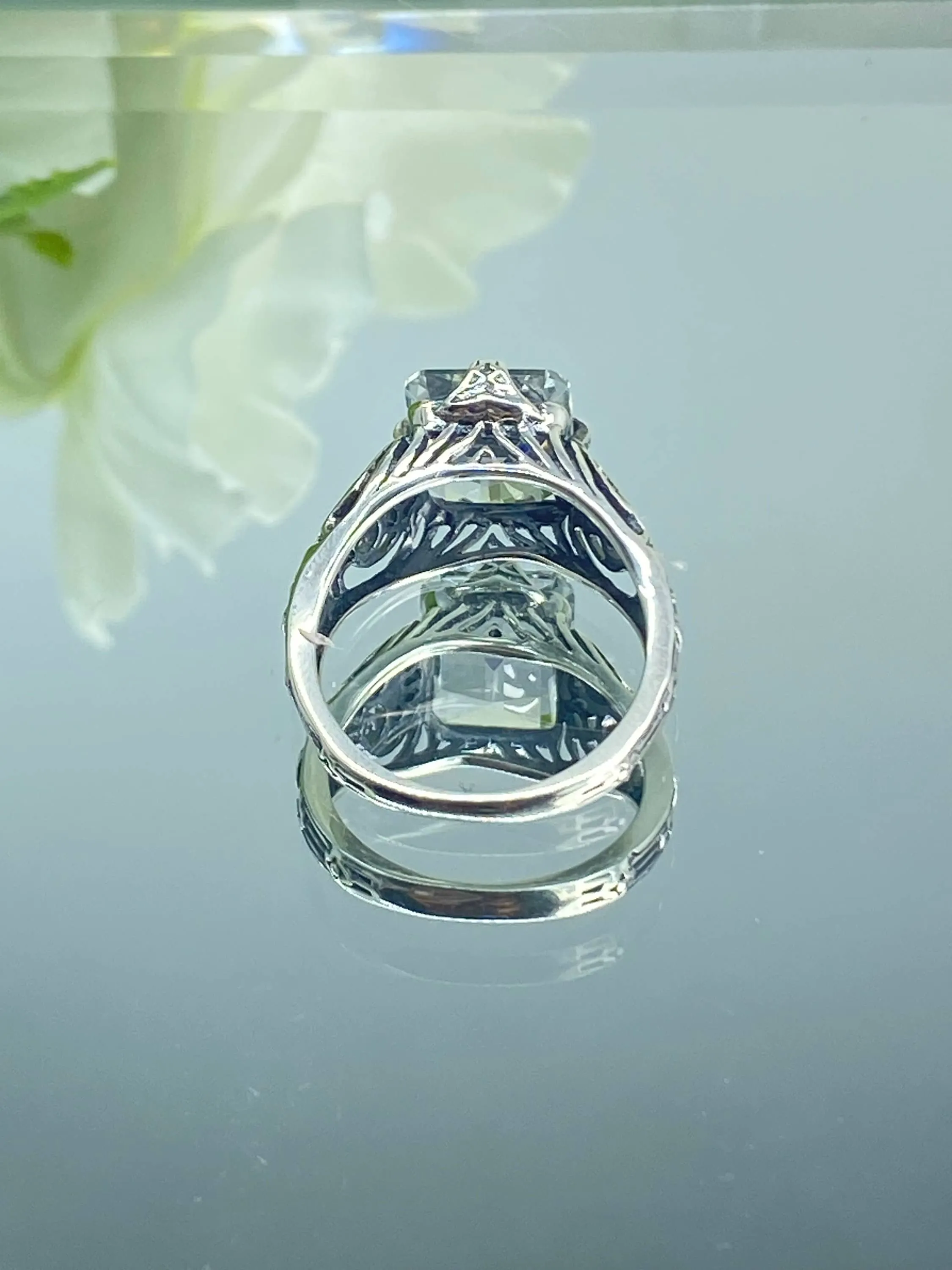Natural White Topaz Ring, 10k, 14k White Gold or Silver, Victorian Scroll Filigree D46
