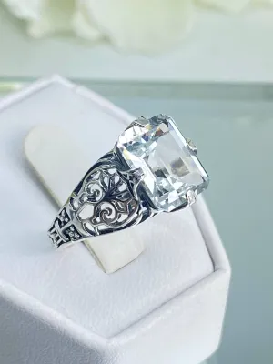 Natural White Topaz Ring, 10k, 14k White Gold or Silver, Victorian Scroll Filigree D46